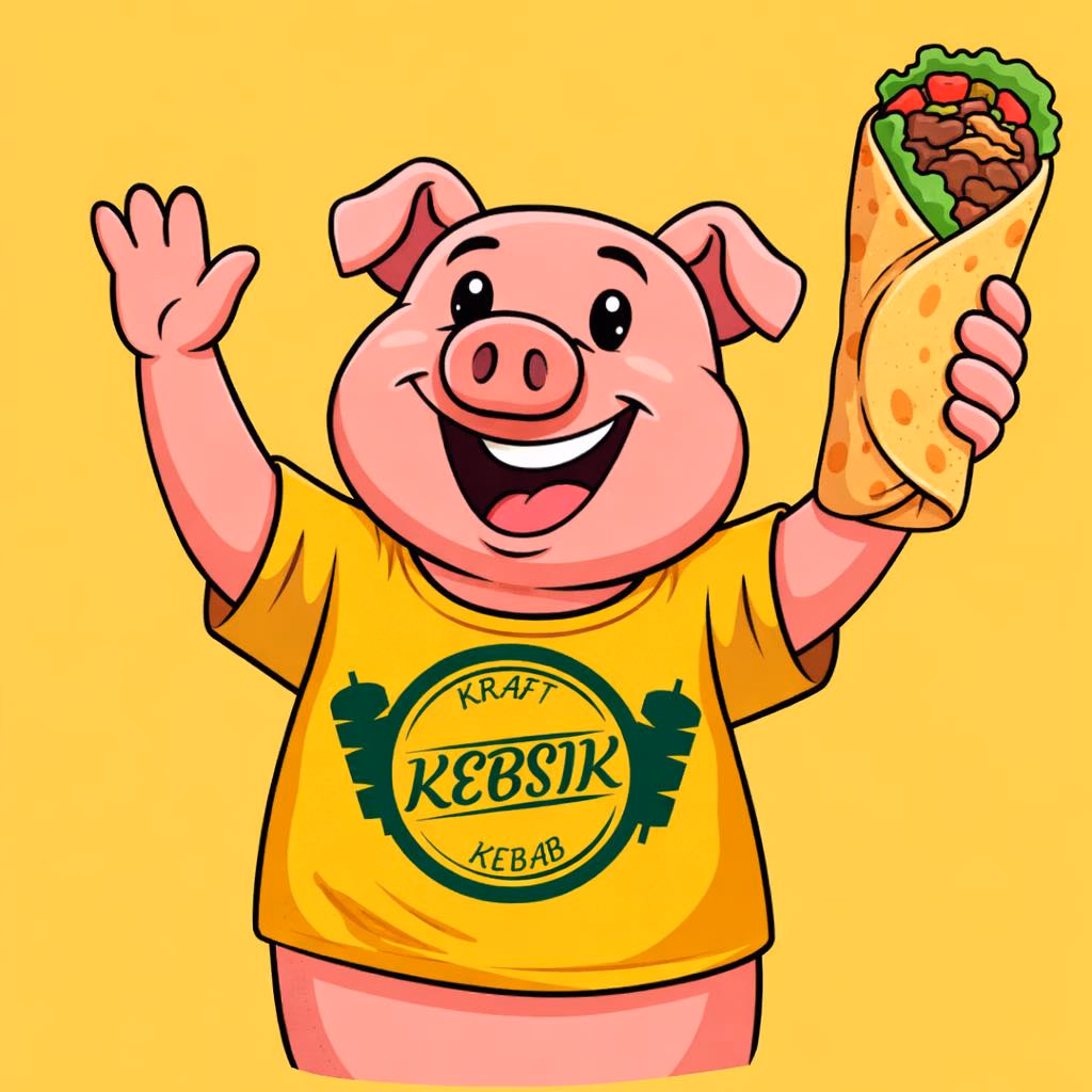 Maskotka Kebsik Kraft — świnka w żółtej koszulce trzymająca kebab